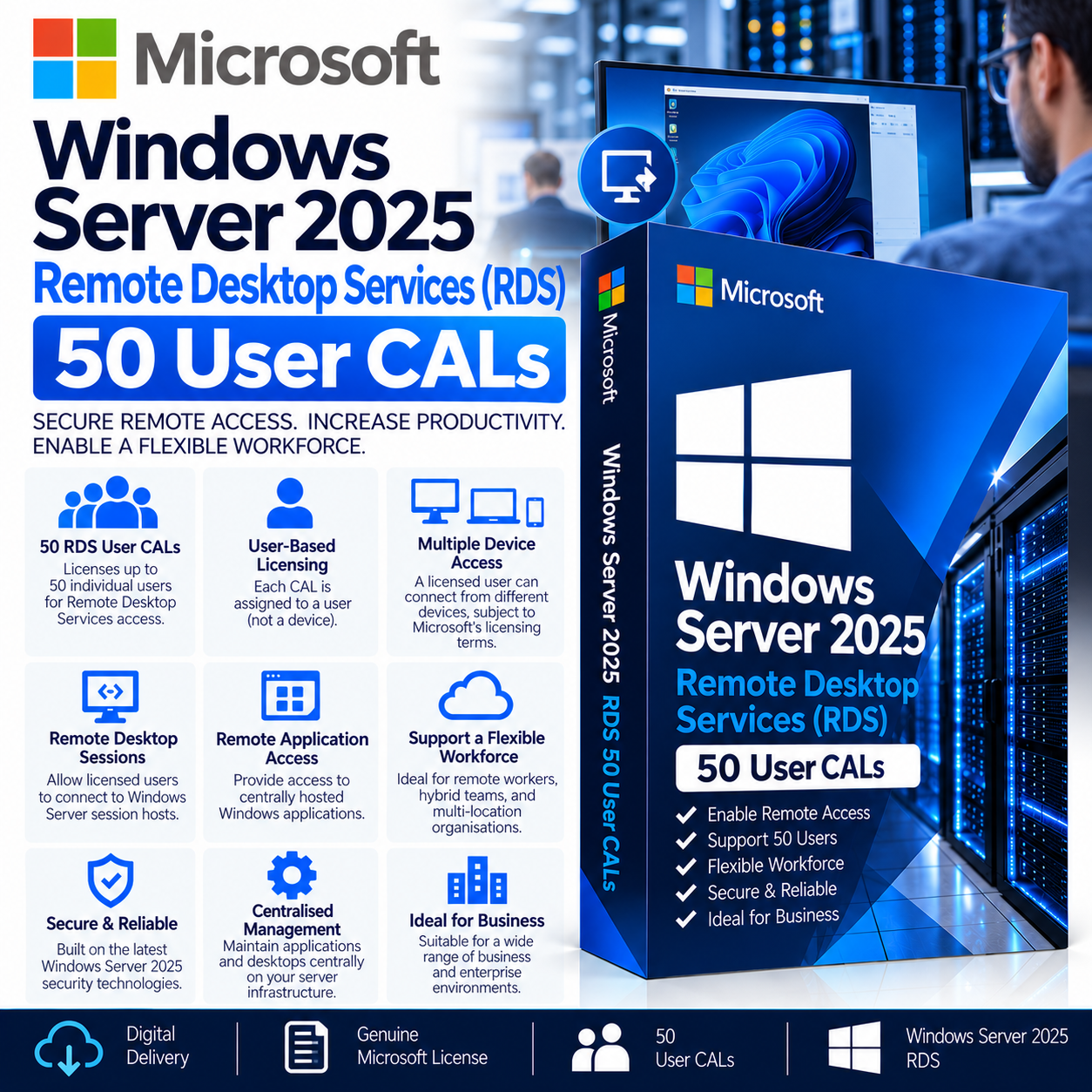 Windows Server 2025 RDS User CALs Windows Server 2025 Remote Desktop Services (RDS) – 50 User CALs - Image 1
