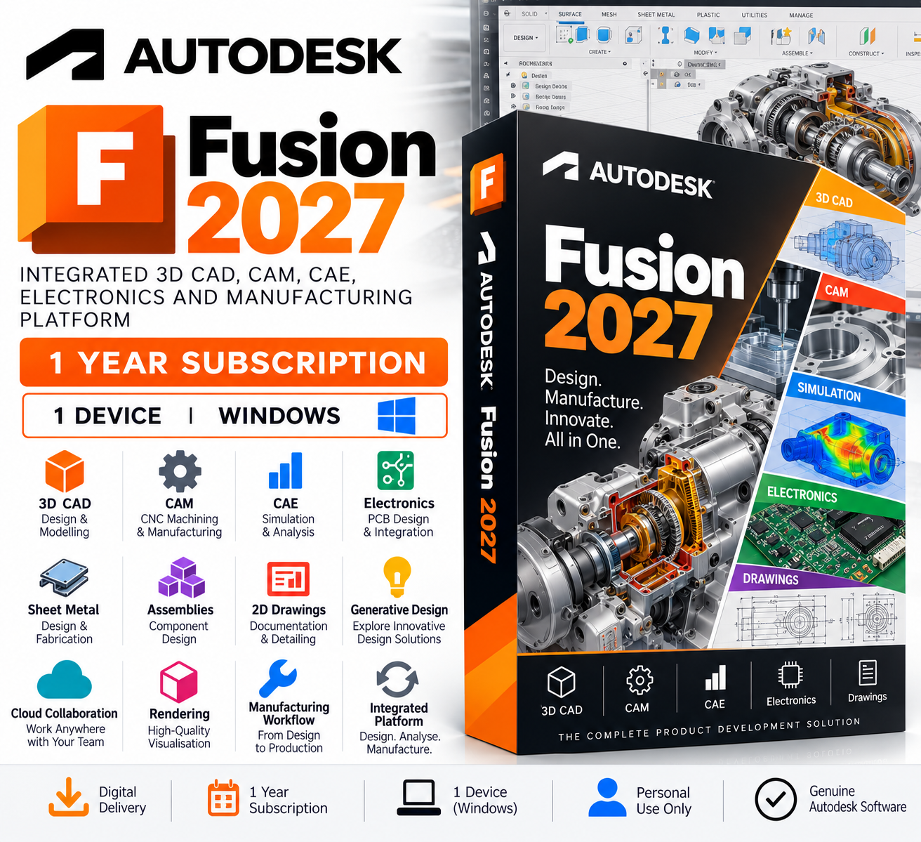 Autodesk Fusion 2027 Product Advertisement Autodesk Fusion 2027 - 1 Year Subscription - Image 1